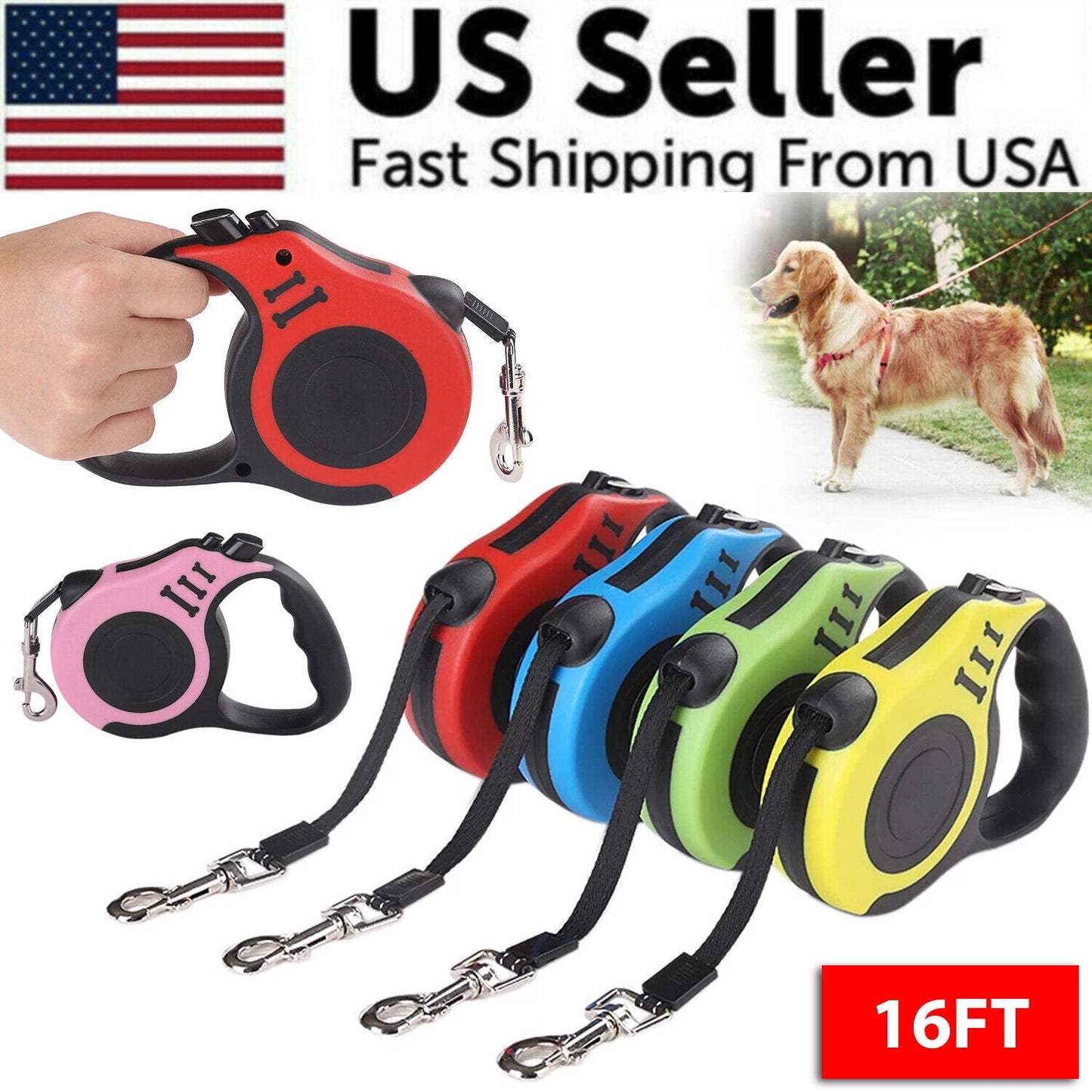 16.5FT Retractable Dog Leash with One-Touch Brake
